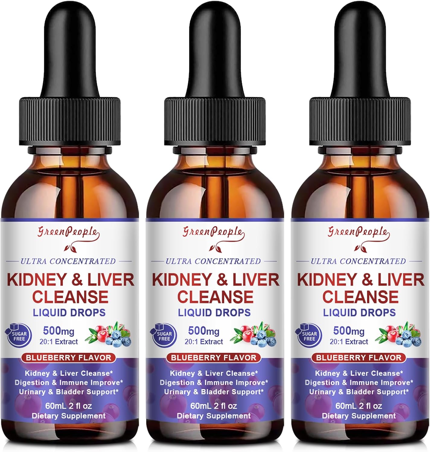 GREENPEOPLE 27-in-1 Kidney Cleanse Detox & Repair Drops - 20:1 Cranberry Extract & Chanca Piedra - Urinary Tract & Liver Cleanse - Vegan Kidney Support Supplement - Alcohol-Free, Non-GMO (2 Oz 3 Pack)