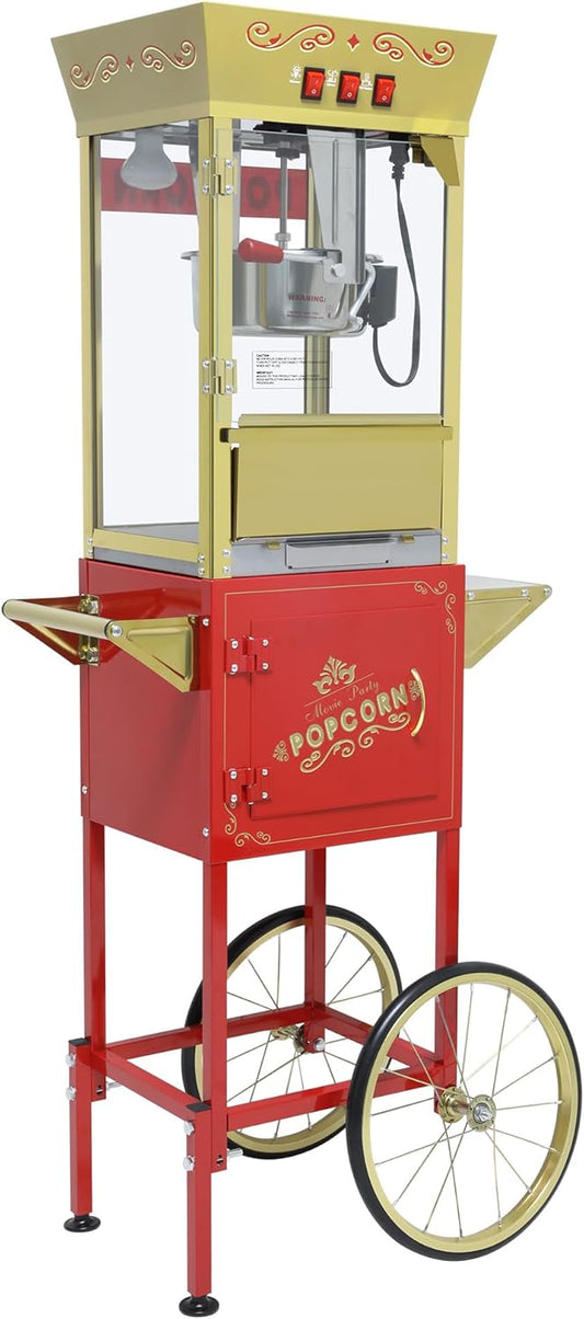 ZIEGIAN Popcorn Machine - Commercial Popcorn Maker on Wheels - Vintage Movie Theater Style Popper with Cart &12 Oz Kettle Makes Up to 60 Cups for Parties Events - Red