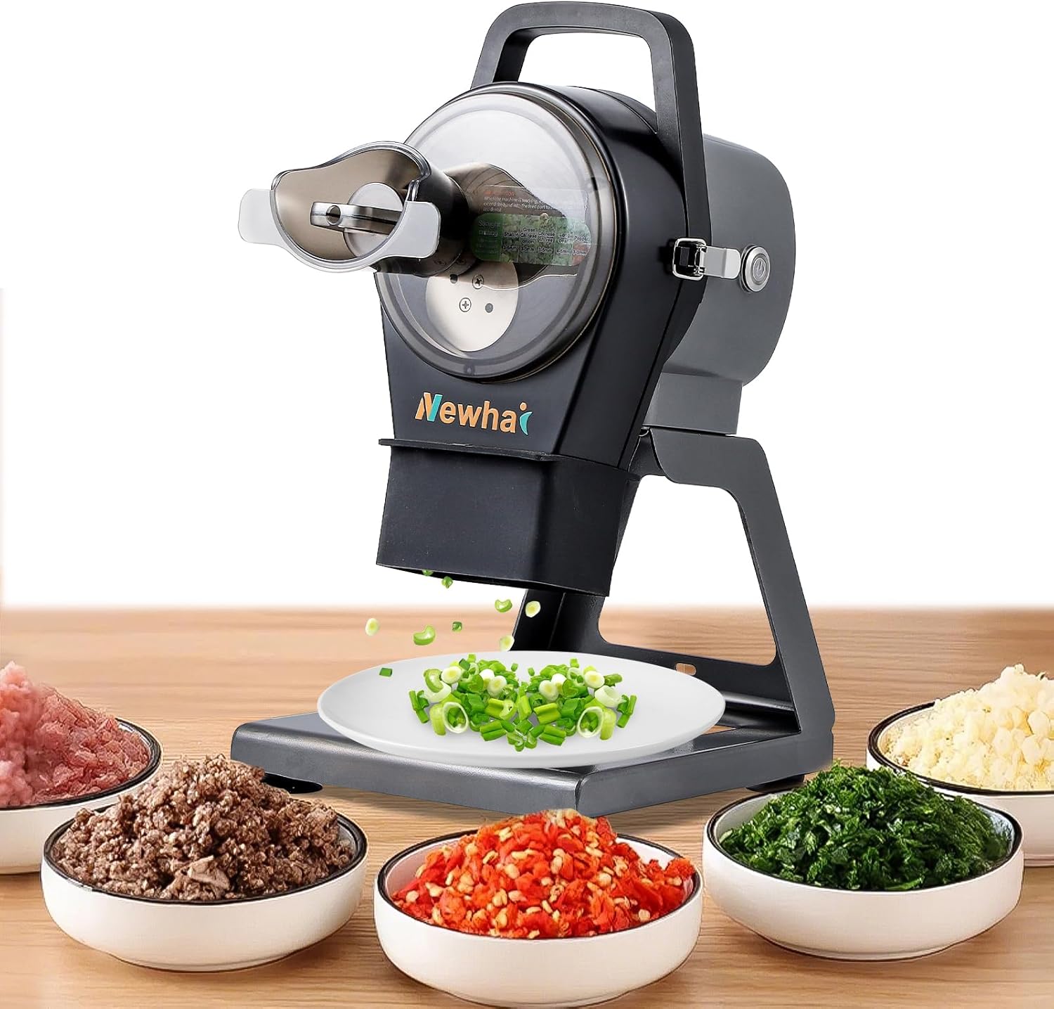 Newhai Commercial Scallion Slicer Spring Onion Chopper Electric Vegetable Cutter for Garlic Ginger Chili Potato Cucumber, 6000BPM, 200W, with 2 Back-up Blade Discs