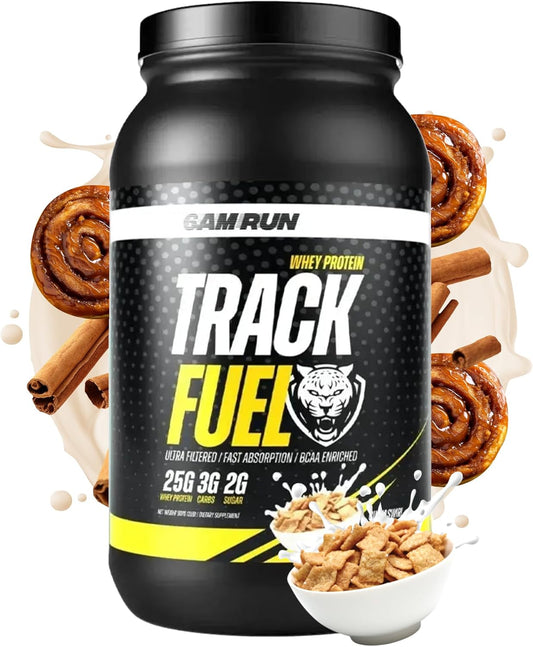 6AM Run Track Fuel Whey Protein Powder - 25 Grams of Protein - Easy Mixing and Great Taste - BCAA Enhanced - 2 Pound (28 Servings (2lbs), Cinna Swirl)