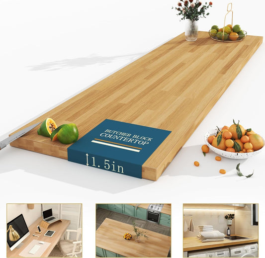 Koby Home 6ft 1.5" Butcher Block Countertop, Unfinished Solid Birch Wood Table Top DIY Wooden Board for Kitchen Island Dining Room,Washer Dryer Workbench, Standing Desk, 72x25 inch 1.5 Thick