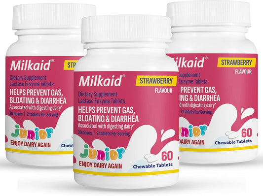 Milkaid Junior Lactase Enzyme Chewable Tablets for Lactose Intolerance | Prevents Gas, Bloating, Diarrhea in Children| Fast Acting Dairy Digestive Supplement for Kids| Strawberry Flavor | 60 ct (3)