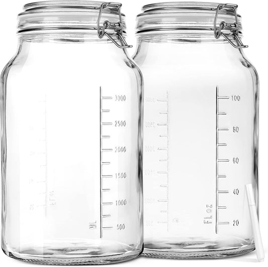 1 Gallon Super Wide Mouth Glass Storage Jars with Airtight Lids and 2 Measurement Marks, Leak Proof Glass Container with Hinged Lids, Large Pickle Jars with Labels and Silicone Gasket, 2 Pack