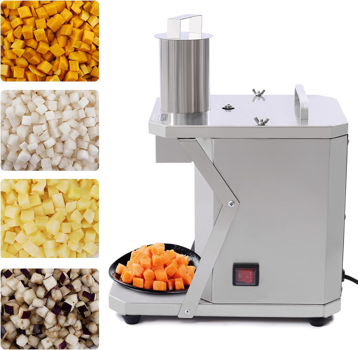 Electric Fruit Dicer Commercial Vegetable Cube Cutter, 200W Automatic Dicer Cuber Vegetable Cutter Stainless Steel Dicing Machine for Potatoes, Carrots, Onions, Ham Sausage w\/ 3 Grid Blades