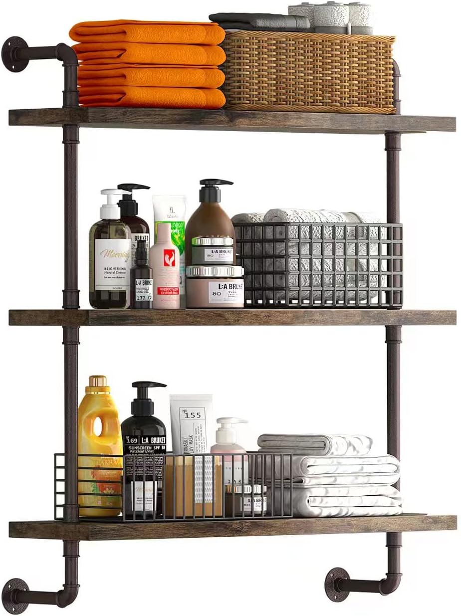 Helsin 3 Tier Industrial Pipe Shelf Rustic Wood Floating Shelves,Wall Display Bookshelf,Storage Rack Sundries Holder for Kitchen Office Bathroom Organization and Home Decor (24inch)