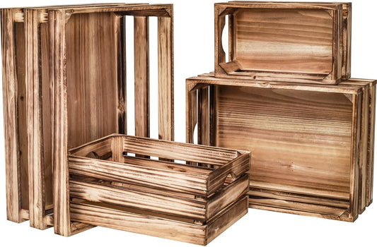 UPPER DECOR Large Wooden Crates Set of 4 Decorative Storage Box with Handles, Rustic Torched Brown Farmhouse Wooden Crates for Display, Organizer Container Baskets Box for Kitchen, Pantry, Bedroom
