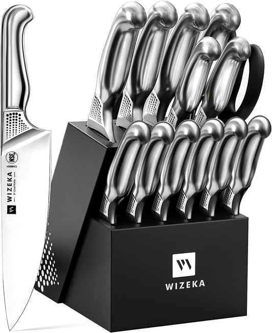 Kitchen Knife Set with Block: 15PCS German Stainless Steel Knife Block Set,One-Piece Design Knives Set for Kitchen, Professional Knife Set with Built-in Sharpener,Starry Sky Series