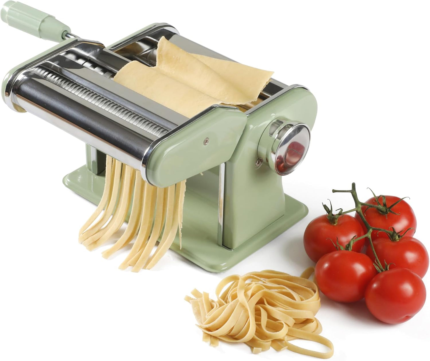 Sur La Table Kitchen Essential Va Bene Manual Pasta Maker Machine Noodle Maker w/Rollers & Cutters - Spaghetti, Fettuccini, Lasagna or Dumpling Skin - Stainless Steel/Juniper Green