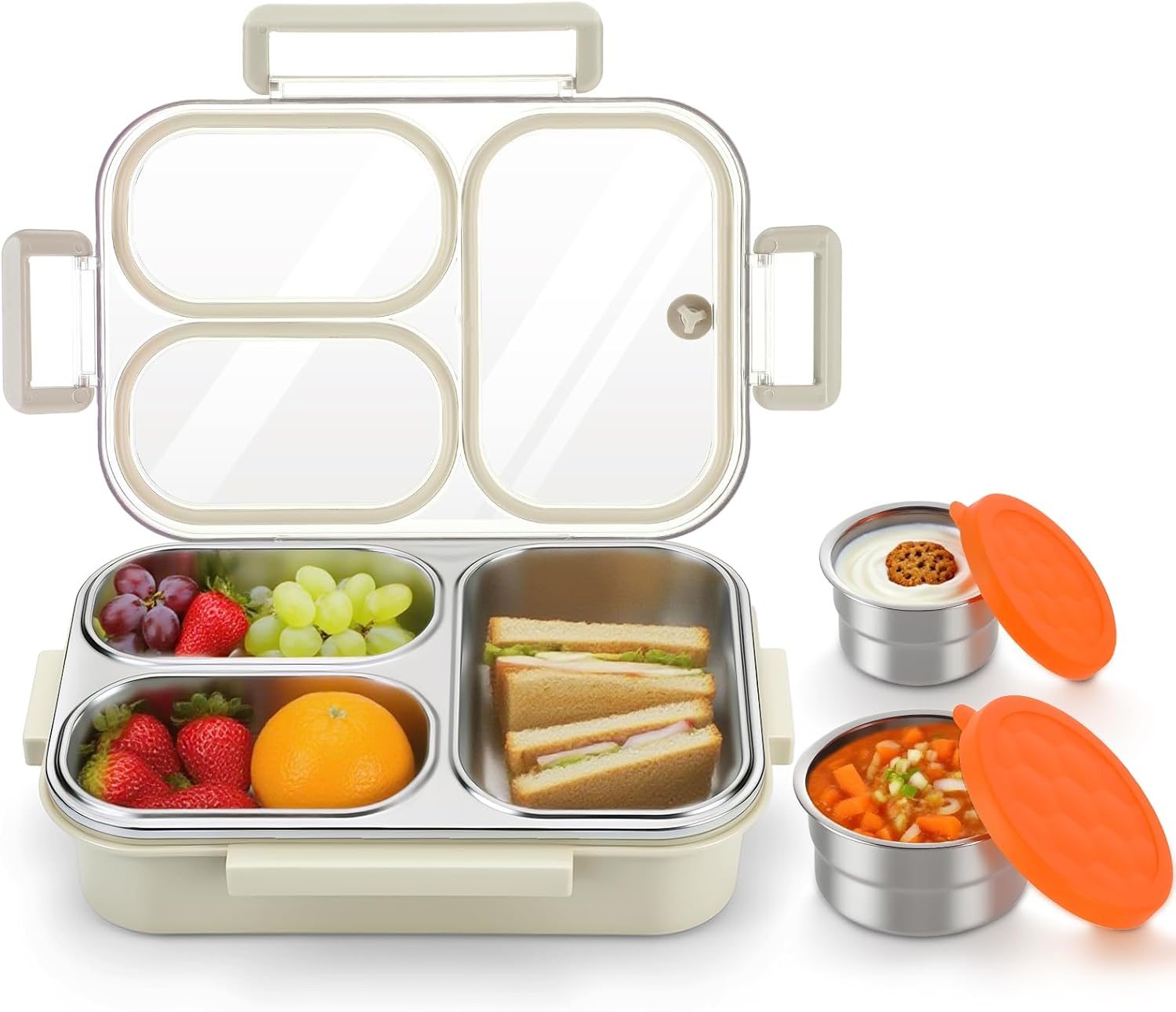 Alphatool Stainless Steel Kids Lunch Box - 25 oz Bento Box with 3 Compartments, 6oz Soup Cup & 3oz Condiment Cup, Leakproof Durable Dishwasher Safe Containers for School Office Travel