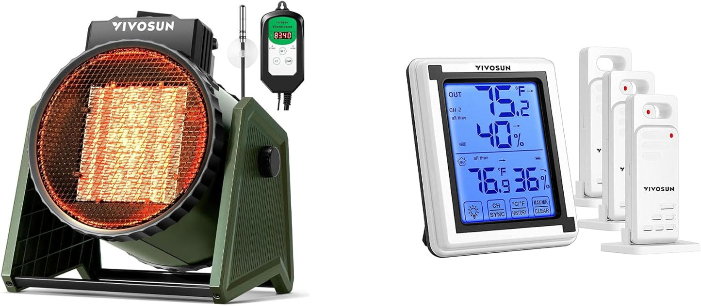 VIVOSUN Portable Greenhouse Heater with Adjustable Thermostat and Digital Thermometer and Hygrometer with 3 Remote Sensors, Indoor Outdoor Temperature and Humidity Monitor