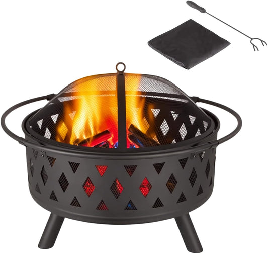 Fire Pit - 32 Inch Outdoor Wood Burning Firepit with Spark Screen Cover, Grate & Poker - Outdoor Fire Pits for Backyard Patio Beach Camping