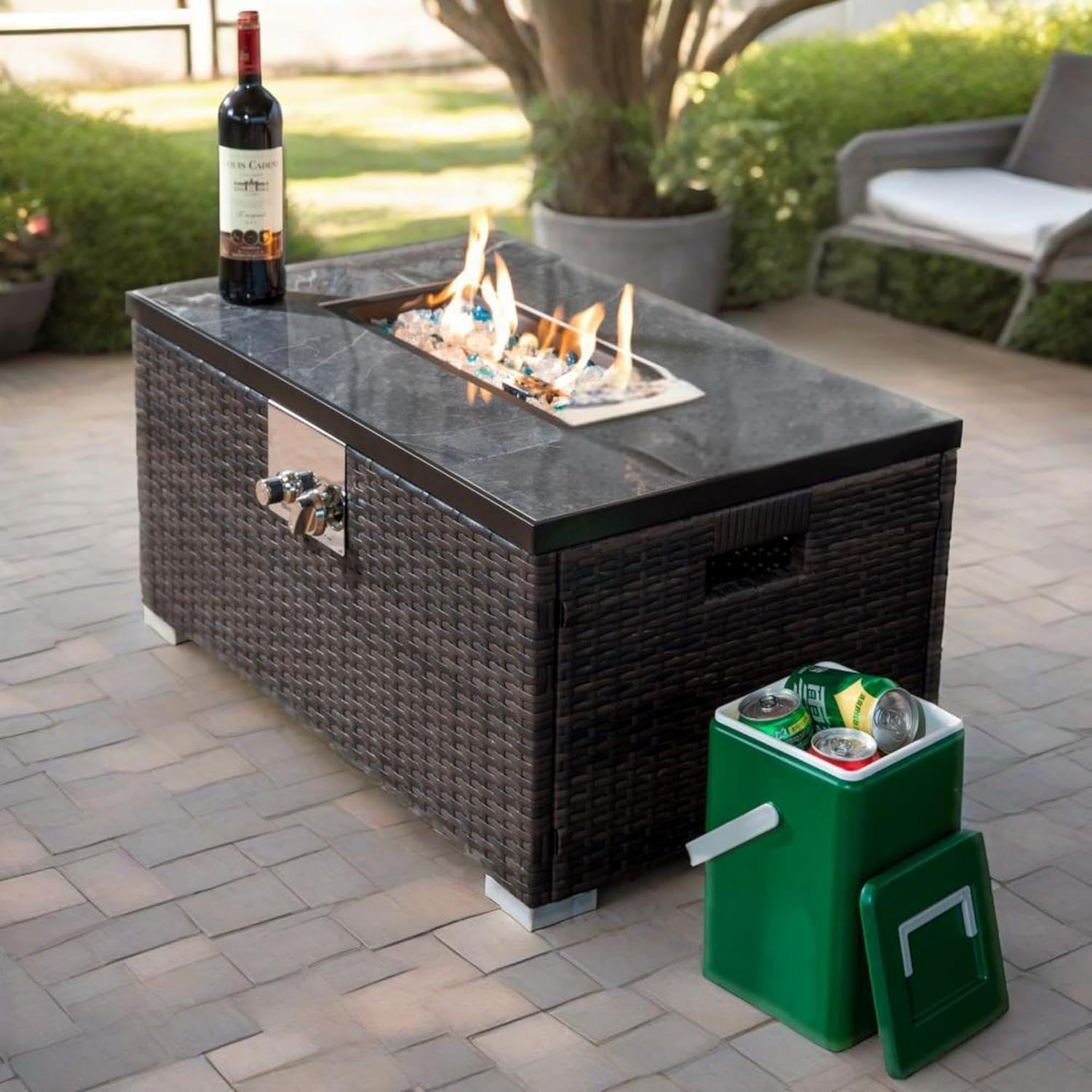 KT Rolster 32" Propane Gas Fire Pit Table, 50000 BTU Outdoor Rectangular Tabletop Fire Pits, Modern Smokeless Deck Safe Wicker Firepit Table for Outside Patio, Garden, Backyard, Brown