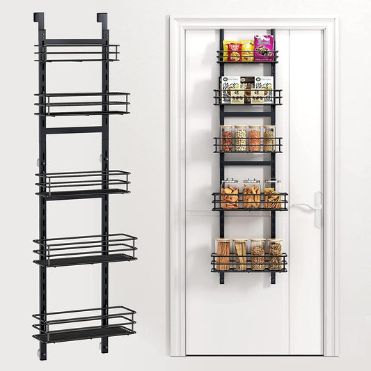 Purdaz Adjustable 5-Tier Over the Door Pantry Organizer, Spice Rack, Narrow Hanging Shelf for Kitchen Storage and Organization