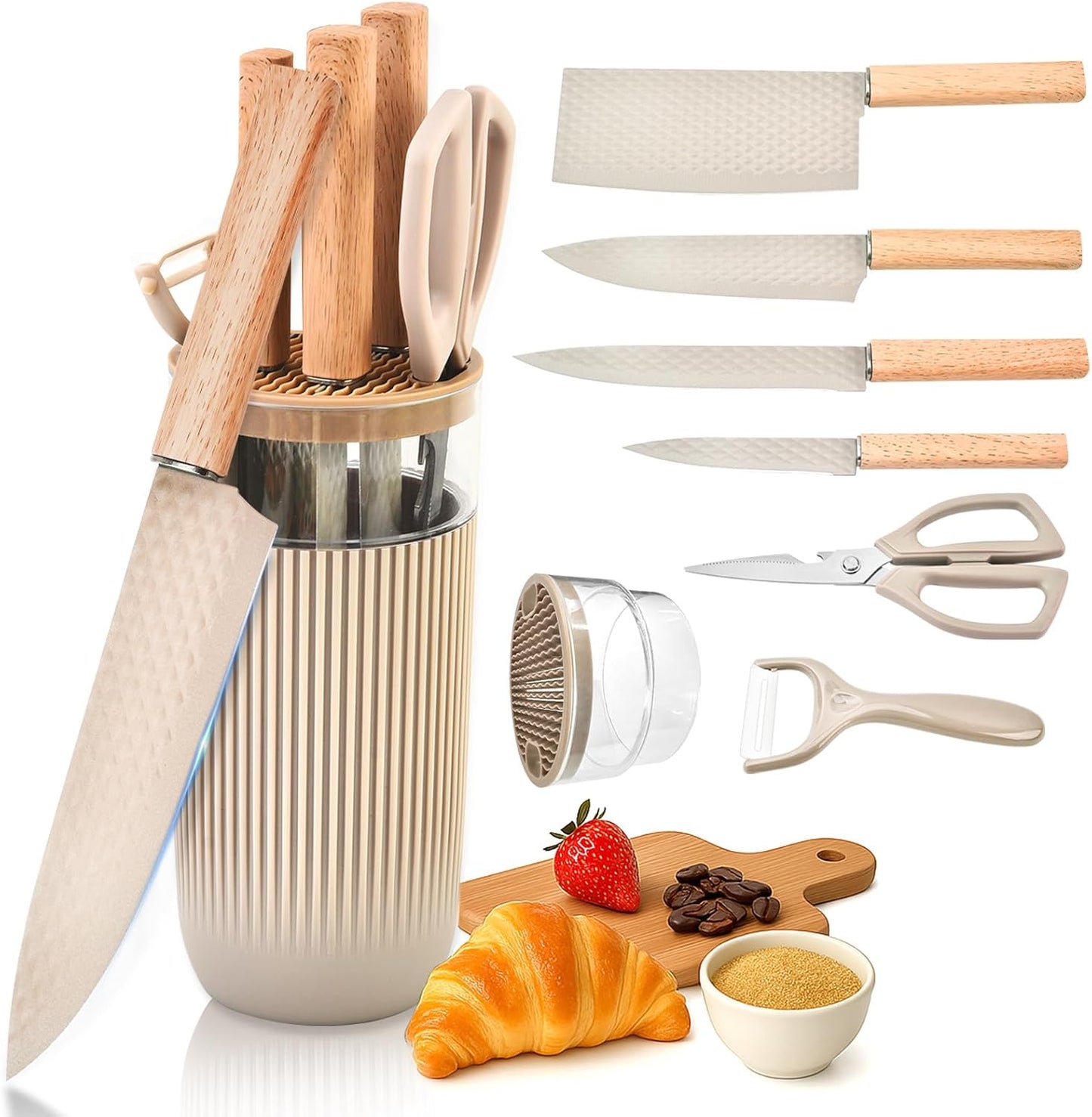 TOPLUCKY Knife Set, 7-Piece Kitchen Knife Set with Sharp Chef and Meat Knives, Anti-Rust Utility Knives Set for Kitchen, Kitchen Knife Block Set \u2013 Khaki