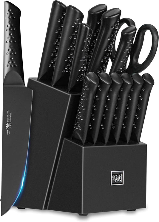 Knife Sets for Kitchen with Block, HUNTER.DUAL 15 Piece Knife Set with Built-in Sharpener, Dishwasher Safe, German Stainless Steel, Black