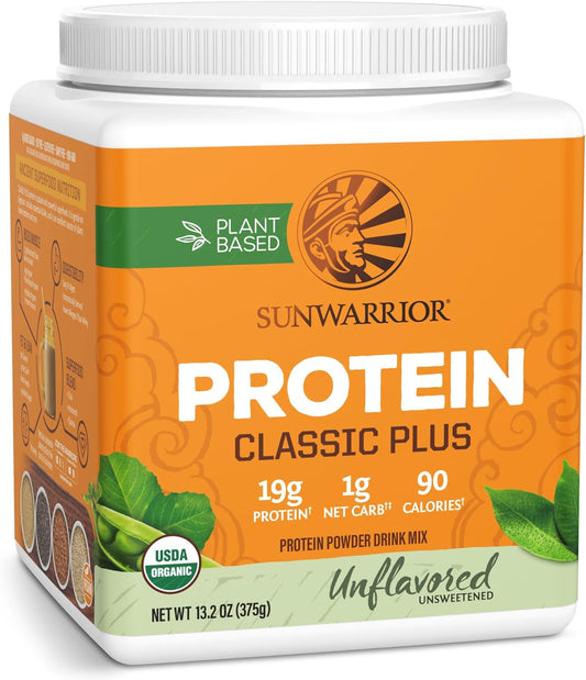 Sunwarrior Vegan Organic Protein Powder Plant-Based 5 Superfood Quinoa Chia Seed Soy Dairy Gluten, & Synthetic Free Non-GMO Unflavored 15 Servings Classic Plus