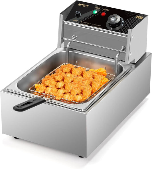 ROVSUN 11.4QT Electric Deep Fryer with Basket & Lid, 1700W Commercial Deep Fryer w\/Adjustable Temperature Stainless Steel French Fryer for Home and Commercial Kitchens