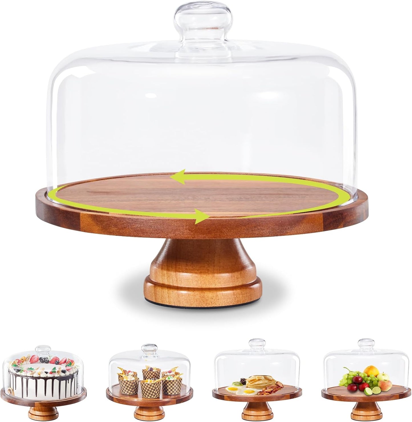 Yangbaga Glass Cake Stand with Lid,11in Wooden Rotating Cake Stand with Dome Cover, Cake Plate Display Server Tray for Birthday Kitchen Party