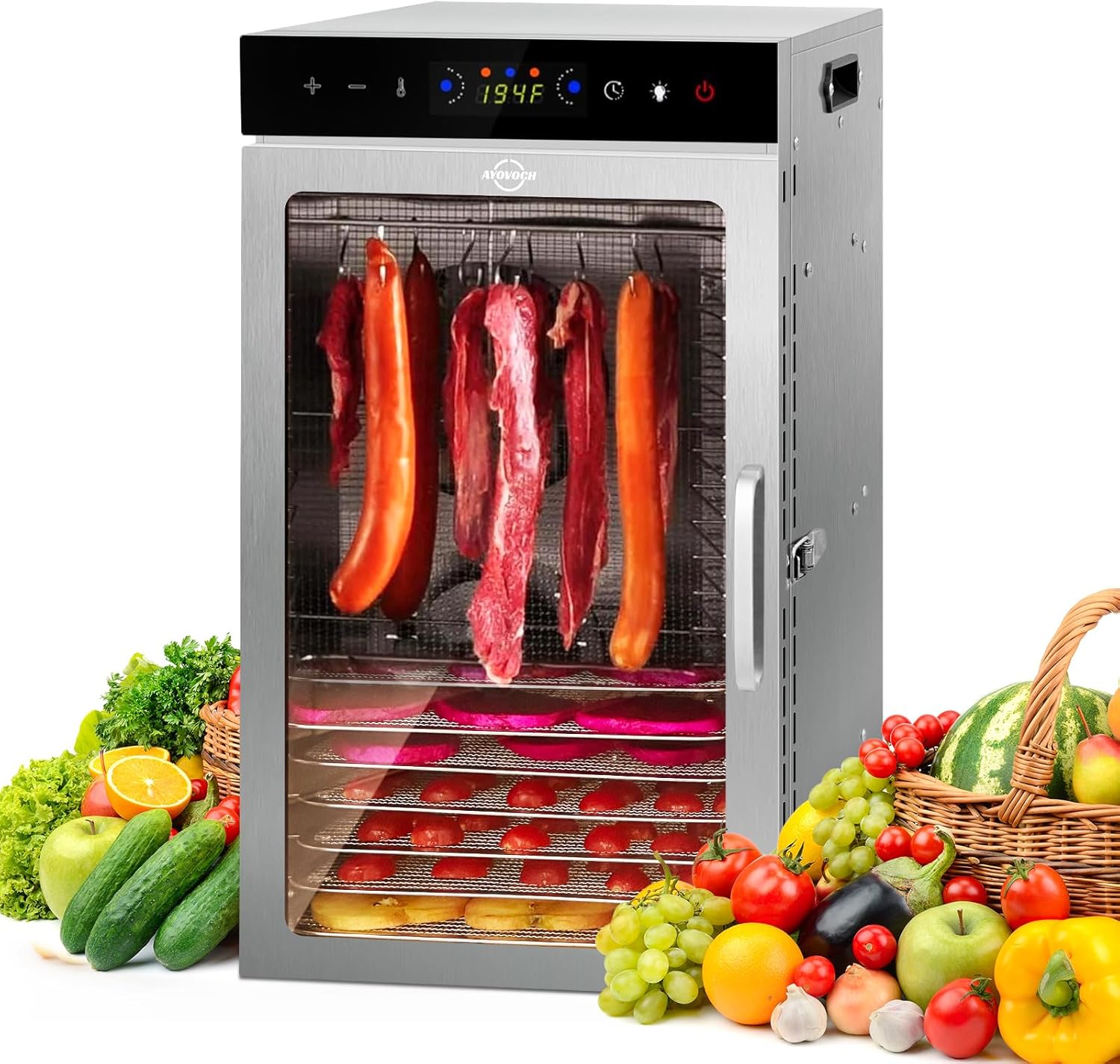 Commercial Food Dehydrator Machine 18-Tray, 86-194℉ Temperature Control, 800W Fast Drying Dehydrater, Low Noise <45dB, 24H Timer, LED Display, Stainless Steel Dehydrator for Meat Jerky Beef Fruit Herb