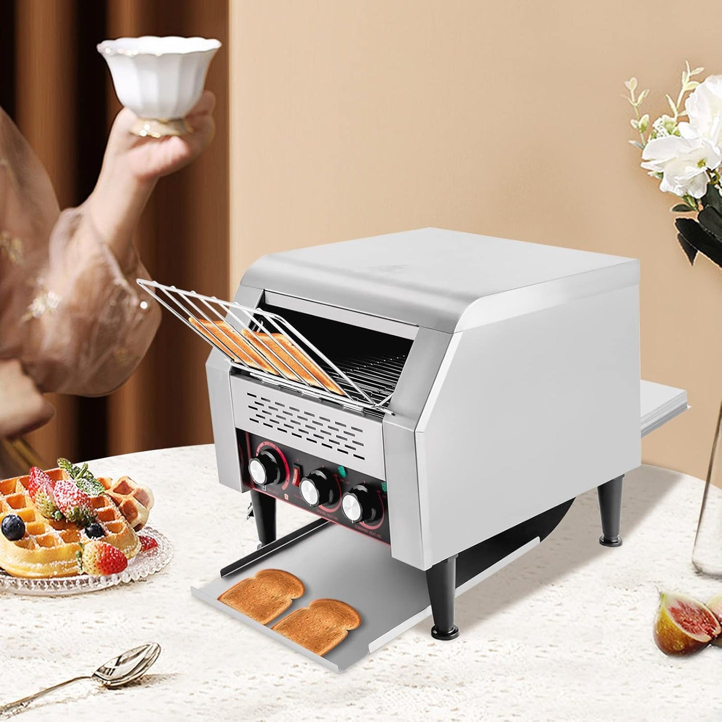 2.2KW Commercial Conveyor Toaster 300Pcs/H Stainless Steel Countertop Bread Oven Adjustable Conveyor Speed/Temperature for Toasting Bread Sandwiches Kosher, 110V/60Hz