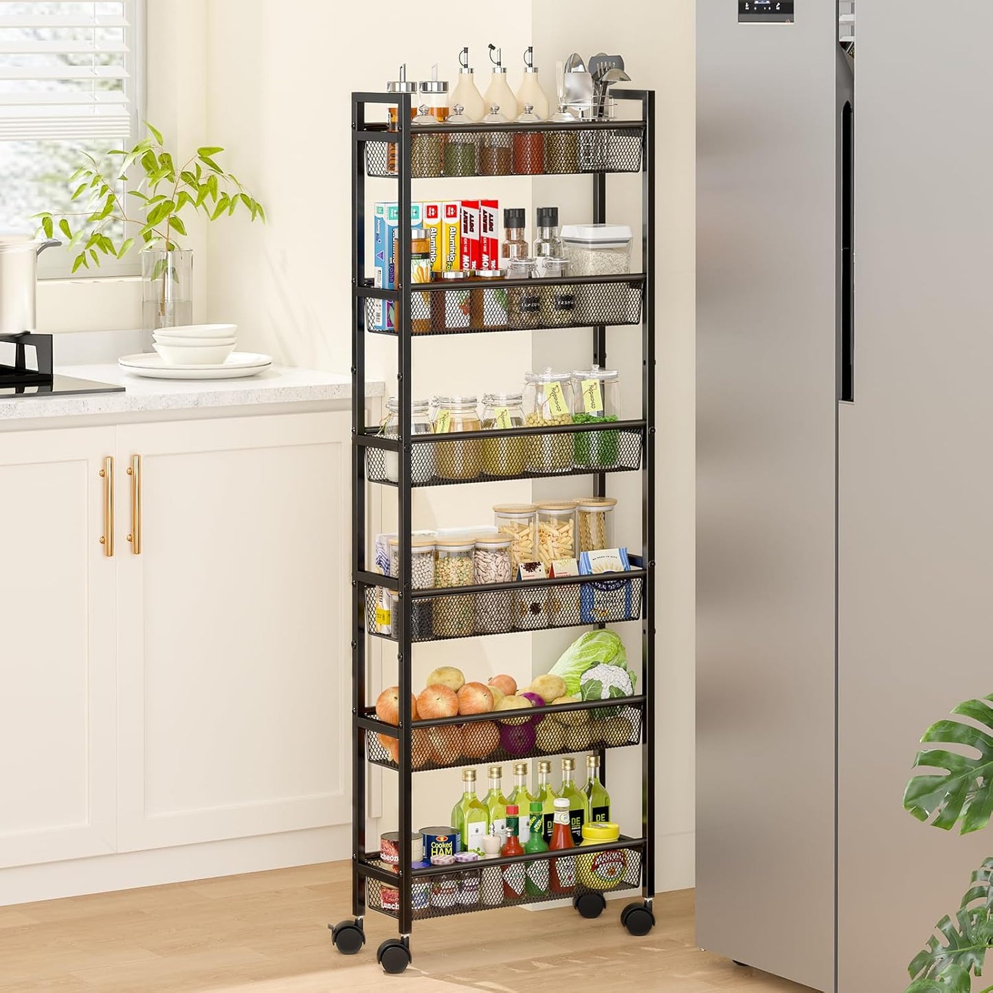 6 Tier Slim Storage Cart, Narrow Cart with Wheels, Metal Mobile Shelving Unit Organizer for Kitchen, Bathroom, Laundry Room, Living Room & Narrow Spaces, Black, 6in(W)