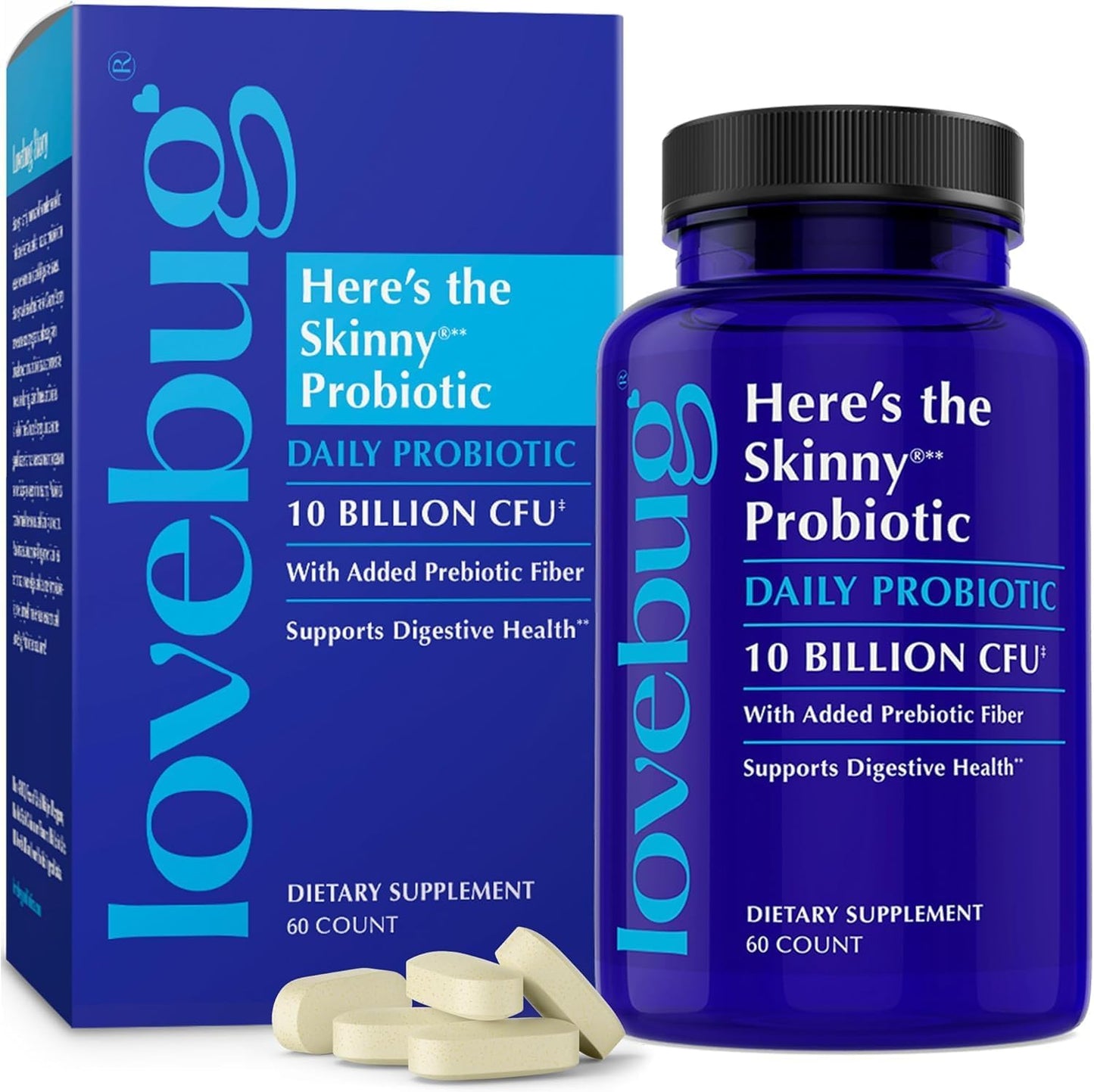 LOVEBUG Here's The Skinny | Helps with Constipation, Gas, Bloat & Digestive Upset | Multi-Strain Probiotics 10 Billion CFU, 60 Count