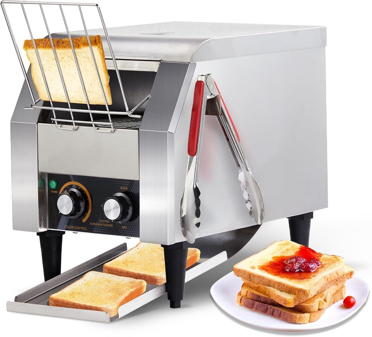 OlymStore Commercial Conveyor Toaster 150 Slices\/Hour,Stainless Steel Bread Oven,1300W Electric Oven with Two Outlet Modes for Toast Bun,Bagel,Bread Baked Food