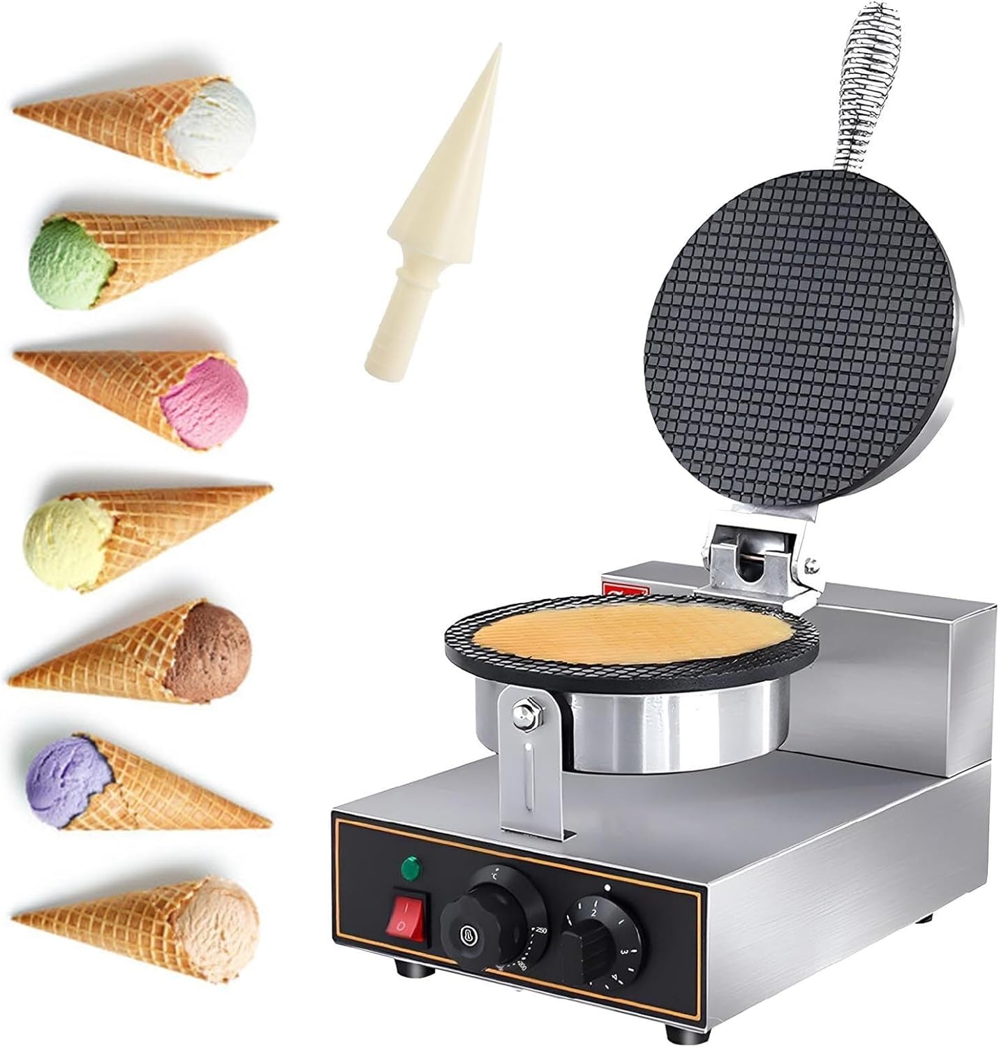 Waffle Cone Maker, Ice Cream Cone Waffle Maker Machine, Electric Stainless Steel Round Waffle Cone Iron, Non-stick Coating1200W(Single,220V)