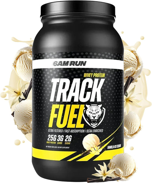 6AM Run Track Fuel Whey Protein Powder - 25 Grams of Protein - Easy Mixing and Great Taste - BCAA Enhanced - 2 Pound (28 Servings (2lbs), Vanilla)