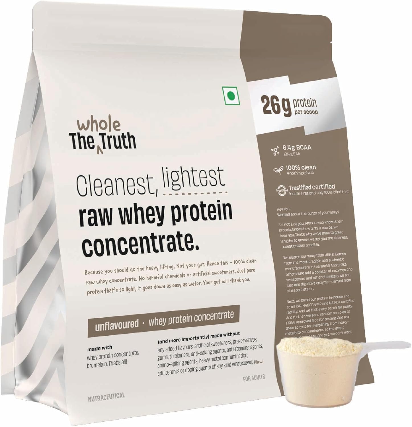 The Whole Truth Whey Protein Concentrate Unflavoured 1 Kg (2.2 Lbs) 26G Protein Per Scoop 6.4G Bcaa Authentic Whey & No Adulteration Clean and Light Muscle Building Vegetarian