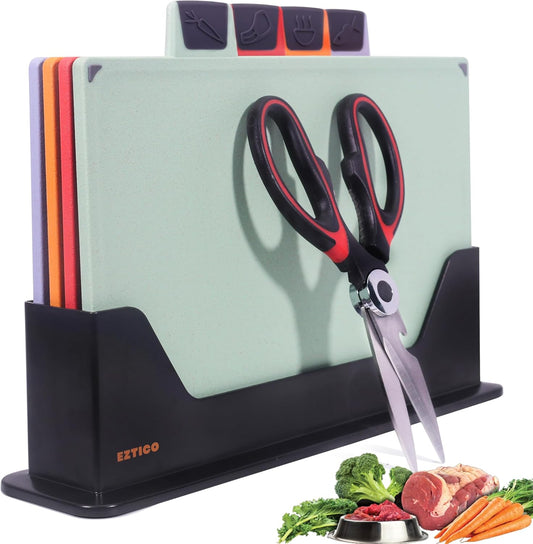 EZTICO 4-Piece Non-Toxic Cutting Board Set with Premium Scissors \u2013 BPA-Free Plastic and Rubber Chopping Boards for Kitchen Essentials with Organizer, Dishwasher Safe Accessories Holder.