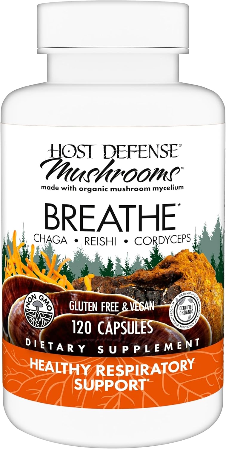 Host Defense Breathe* Capsules - Immune & Respiratory Support Mushroom Supplement - Herbal Lung Health Supplement with Chaga, Reishi & Cordyceps - 120 Capsules (60 Servings)*