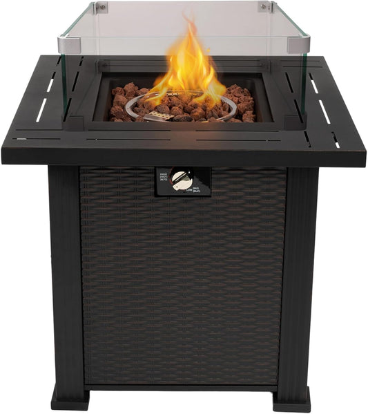 28" Outdoor Propane Gas Fire Pit Table, 50,000 BTU Auto-Ignition Square Wicker-Effect Gas Firepit with Glass Wind Guard, Lid, Lava Rocks, Steel Base, Black