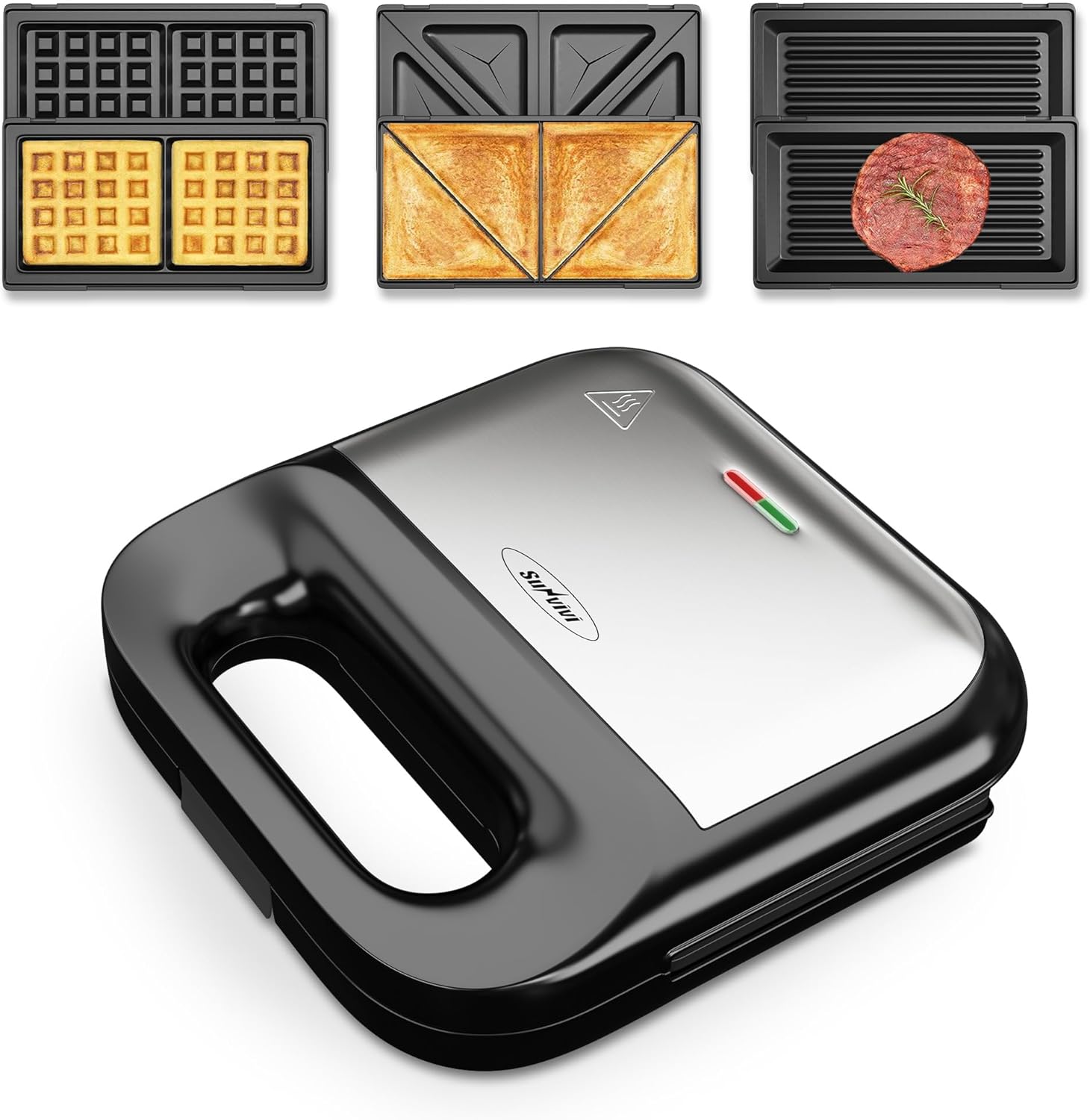 Sunvivi Waffle Iron, Panini Press Grill and Sandwich Maker Set, 3 in 1 Electric Sandwich Press with Removable Non-Stick Plates, Indicator Lights & Cool Touch Handle 750W