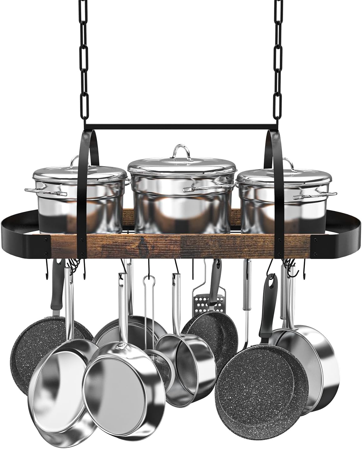 Hanging Pot Rack,32-Inch Ceiling Pot Rack for Kitchen,Space-Saving Pot Hanger with 16 Detachable S Hooks,Sturdy Metal Frame,Industrial Style,for Pot, Pan Storage,Space-Saving