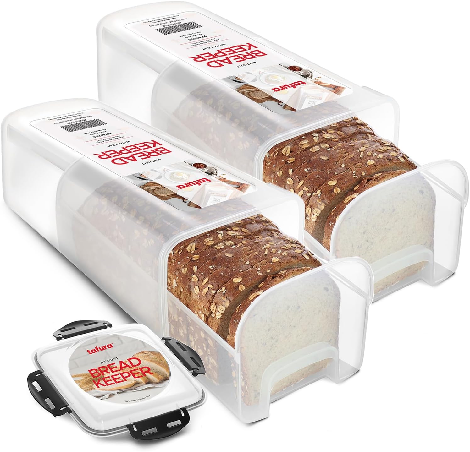 Tafura Bread Storage Container - 2 Pack BPA Free Plastic Bread Box with Ingeniously Tray - Airtight Container\/Holder for Homemade Loaves and Baked Goods
