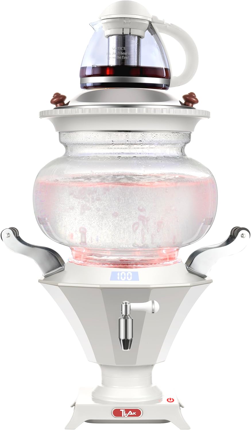 Electric Glass Samovar Tea Maker \u2013 6L Water Boiler & Warmer with LED Display, 1.2 L Glass Teapot with Infuser, Chrome Spout, Auto Keep Warm \u2013 Persian Turkish Russian Style (White Base)