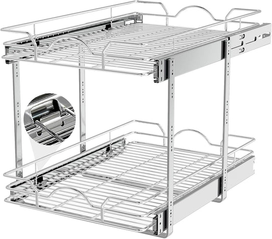 OCG 2 Tier Pull Out Cabinet Organizer (14" W x 21" D), Pull Out Drawers for Kitchen Cabinets, Pull Out Shelves for Base Cabinet Organization in Kitchen Bathroom Pantry, Chrome Finish
