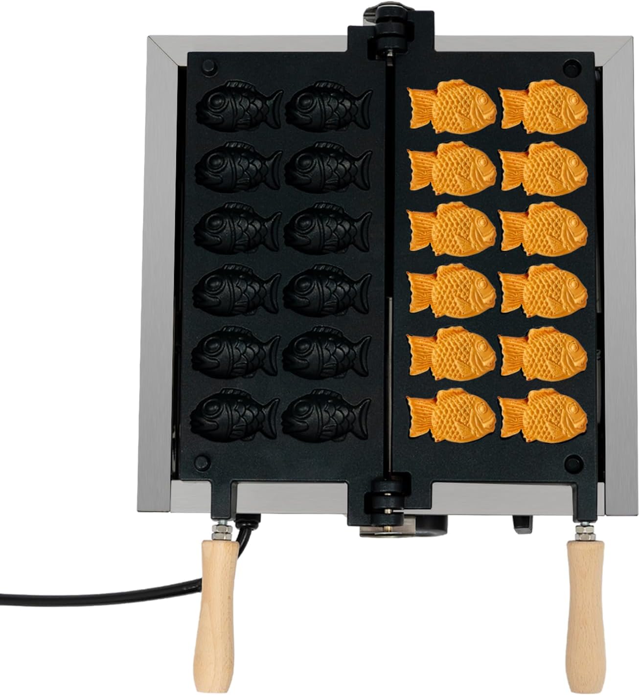 Commercial Taiyaki Machine 1800W 12PCS Electric Taiyaki Fish Waffle Maker, Non-stick 180° Rotating Double-side Heating Small Fish-shaped Waffle Iron with Residue Tray, 122-572℉, 0-5Min Timer