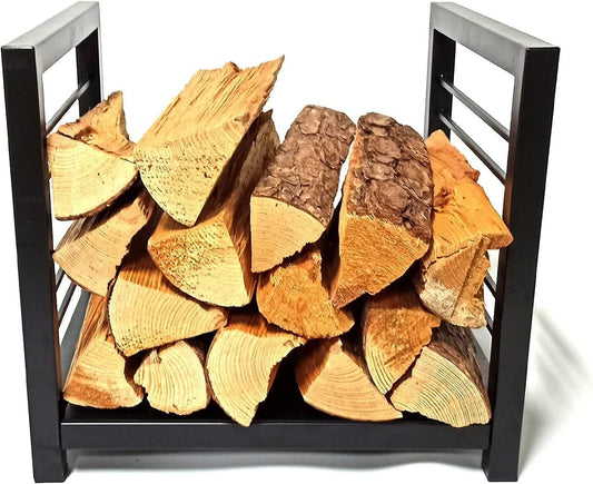 Firewood Rack in Honey Brown, Solid Pine Wood, Log Holder for Firewood Storage, Indoor or Outdoor Wood Stand Shelf with Ventilation Metal Store Holder Set