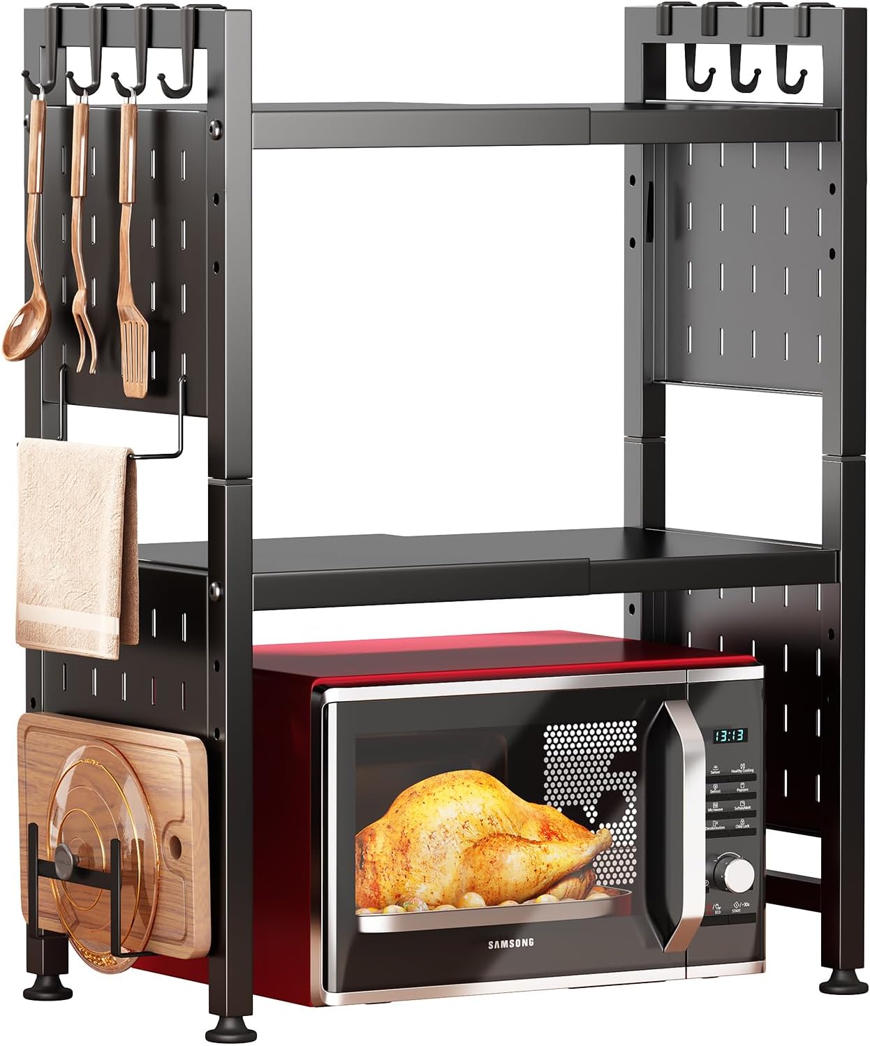 Microwave Stand, 3-Tier Expandable(17.4"- 27.4") Heavy Duty Adjustable Shelf Microwave Oven Rack, Kitchen Countertop Organizer and Storage with 9 Hooks & Cutting Board Holder, Holds up 180 lbs, Black