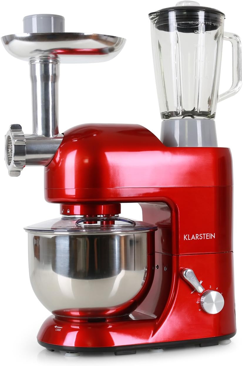 Klarstein Lucia Rossa Robot de cuisine multifonction - Robot ménager complet Hachoir à viande, Mixeur, Batteur, Fouet (1200W, bol 5 litres, 6 vitesses) - Rouge