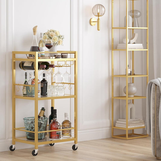 TUTOTAK Bar Cart, Home Bar Serving Cart with 3-Tier Mirrored Shelf, Drink Cart, Mobile Kitchen Shelf with Wine Rack, Gold BC01BB033