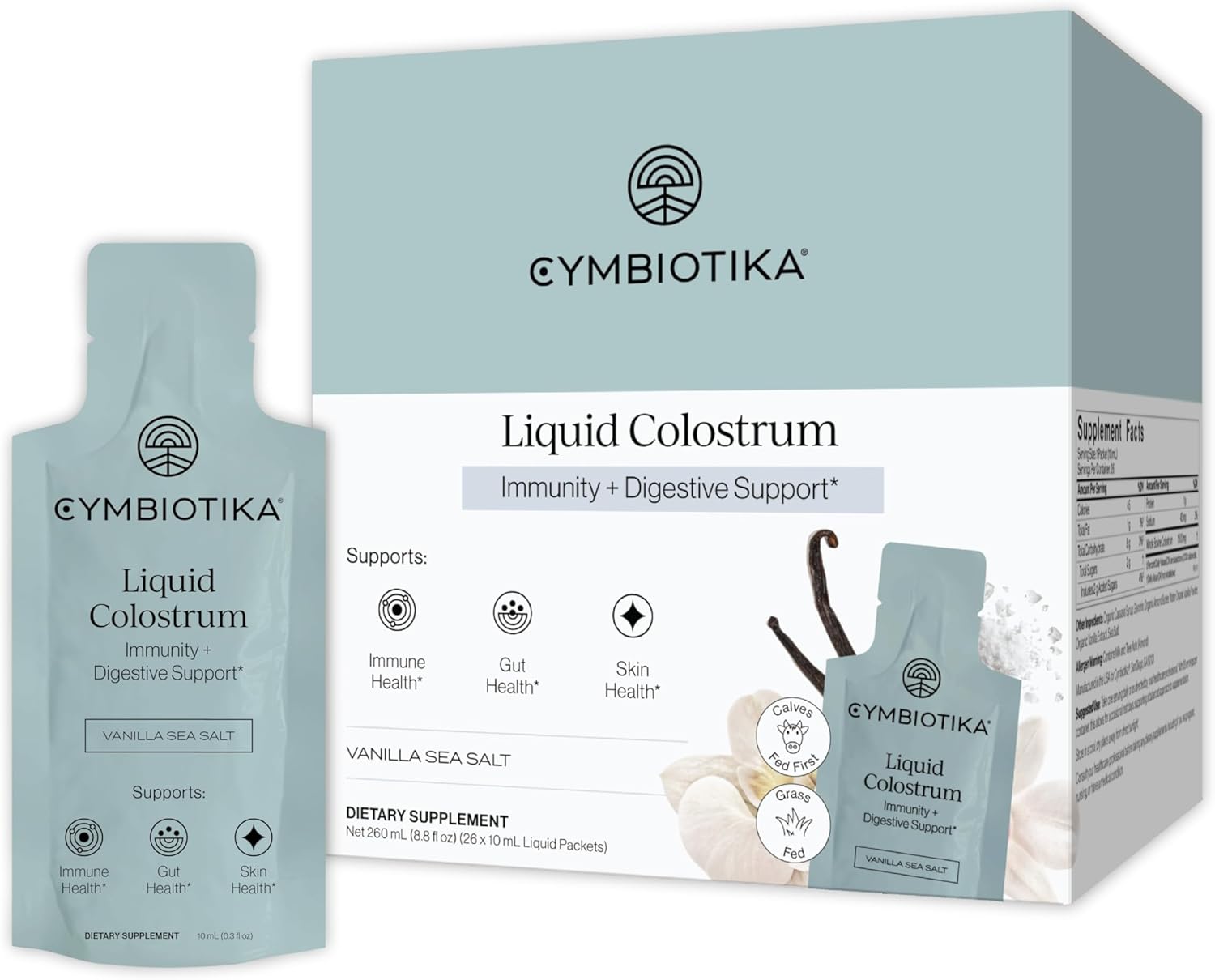 CYMBIOTIKA Liquid Colostrum, 1.5g Full Spectrum Colostrum, Grass-Fed Bovine Colostrum for Gut Health, Immune Support, Skin & Recovery, Sea Salt Vanilla Flavor, 26 Daily Packets (Single Pack)