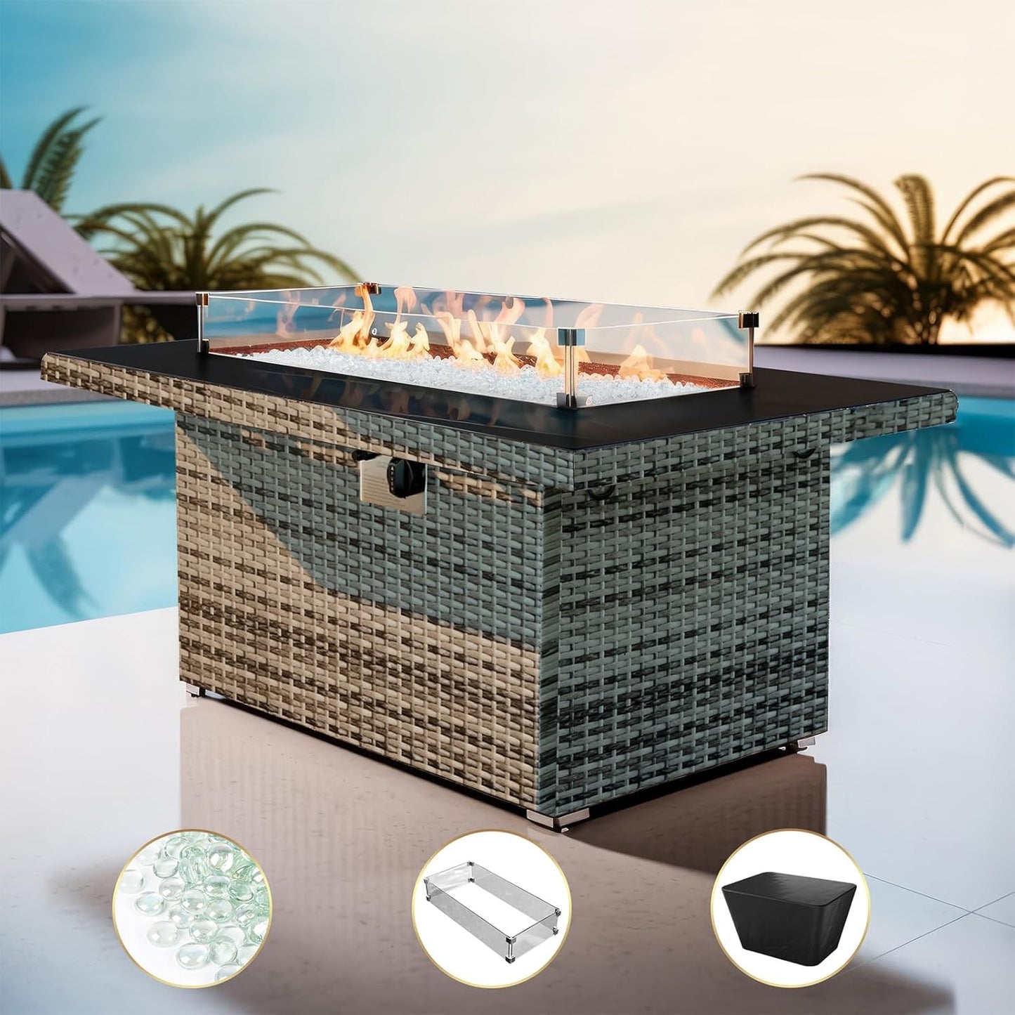 SUMELL 43in Glass Top Fire Pit Table 55,000 BTU Flame, Hand Weave Rattan, Aluminum Frame, Wind Guard, Waterproof Cover & Fire Beads for Outside Garden Patio