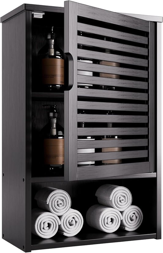 HITNET Bathroom Storage Cabinet Wall Mounted, Hanging Medicine Cabinet with Adjustable Shelf, Over The Toilet Space Saver Organizer, Black Bamboo Kitchen Cupboard, Single Door