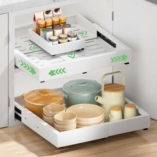 BUFOR 2 Pack Pull out Cabinet Organizer, Width (12"-19") Depth (17"-22"), with 3 Rails Adjustable Slide, Expandable Pullout Drawers for Cabinets, No Drill Adhesive Kitchen Drawers for Pantry Shelves