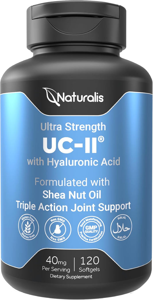 Naturalis UC-II 40 mg with Hyaluronic Acid and Shea Nut Oil | Enhanced Undenatured Type II Collagen for Better Joint Health, Mobility & Flexibility | Gluten-Free & Non-GMO | 120 Softgels