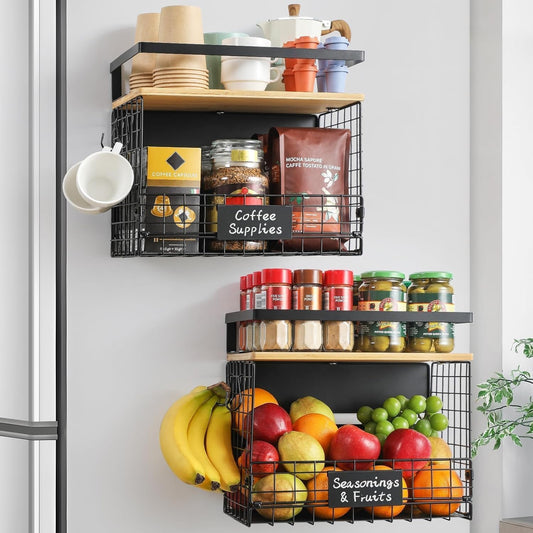 [WIDER SHELF] 2 SET Strong Magnetic Shelf Basket for Fridge with Tag & Bamboo Top, XXL Large Magnetic Spice Rack Shelves for Side of Refrigerator, Kitchen Pantry Storage Organizer for Food Fruit Veg