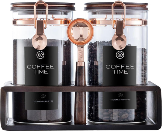 Glass Coffee Canister Set, 2-Piece Coffee Container for Bean Storage, Sealing, Coffee Bar Accessories, Shelf for Kitchen Organization (Acacia wood quality, 1)
